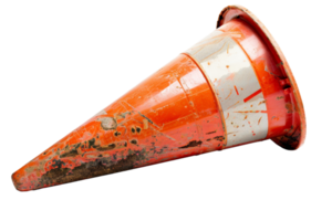 A close-up image of a worn and weathered orange traffic cone lying on its side, showing signs of use and dirt. png