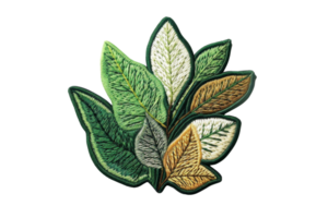 Colorful embroidered plant leaves patch set with green, white, and yellow hues, perfect for custom DIY fabric projects and clothing embellishments. png