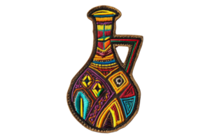 Colorful embroidered patch in the shape of a traditional jug with intricate tribal patterns, perfect for DIY crafts and clothing decoration. png