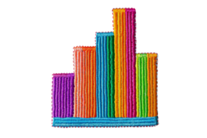 Colorful embroidered graph bar chart symbolizing data analysis and statistics on transparent background. png