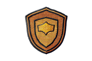 Golden embroidered shield patch design representing protection, security, and safety on a dark background. High-quality detailed image. png