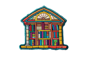 Colorful embroidered library patch depicting books on shelves inside a structure with columns and an arched window. png
