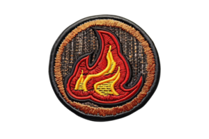 Embroidered fire patch with vibrant red and yellow flame design on a round, rustic-themed background. Perfect for customizing clothing and accessories. png