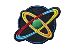 Colorful embroidered atom patch with orbit patterns, perfect for science enthusiasts, educational purposes, and custom apparel decoration. png