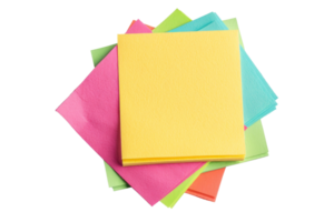 Colorful sticky notes in a stack, perfect for office and school use. Bright shades and square shape ideal for reminders and messages. png
