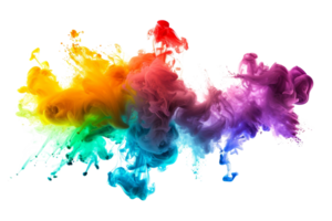 Vivid explosion of colorful smoke creating an abstract art, blending multiple bright shades in a dynamic, fluid motion against a black background. png