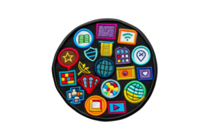 Colorful embroidered badge patch with various icons and symbols on a black background, ideal for scouts, clubs, or custom clothing. png