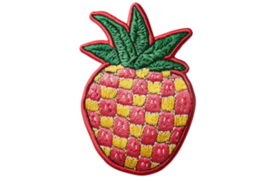 Colorful embroidered pineapple patch with green leaves, red and yellow checkered pattern. Ideal for fashion, craft projects, and customization. png
