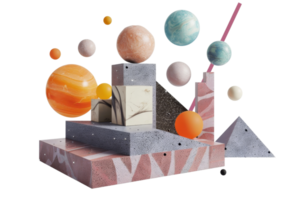 Abstract geometric shapes and planets floating against a transparent background. creating a surreal cosmic art concept for creative designs. png