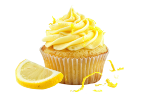 Delicious lemon cupcake with creamy frosting and lemon garnish isolated on transparent background. perfect for bakeries and dessert websites. png