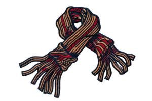 Cozy and colorful knitted scarf with intricate patterns. Perfect for keeping warm in winter. Striped design adds a touch of style. png