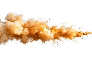 Dynamic cloud of orange dust spreading in the air, isolated on a transparent background. capturing motion and texture in a stunning visual effect. png