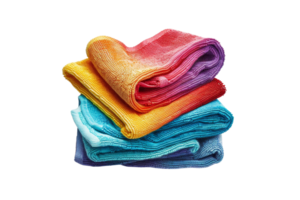 Stack of colorful microfiber towels isolated on transparent background. Vibrant textiles for cleaning or bathing, neatly folded for easy storage. png