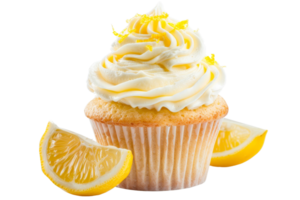 Delicious lemon cupcake with creamy frosting topped with lemon zest, surrounded by fresh lemon slices, isolated on transparent background. png