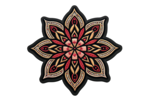 Intricate mandala design with a blend of red and gold colors on a black background, perfect for art and meditation themes. png