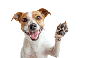 Cute Jack Russell Terrier dog waving paw and smiling. Isolated on transparent background. Friendly and playful pet greeting. Happy dog portrait. png