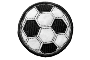 Close-up image of a black and white embroidered soccer ball patch with hexagonal patterns, suitable for clothing and accessory decoration. png