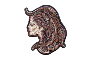 Intricate paper quilling art featuring a woman's profile with detailed patterns and elegant curves. png