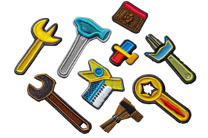 Colorful embroidered tool patches featuring various tools and items on a transparent background. perfect for DIY projects and custom clothing. png
