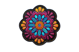 Mandala design with vibrant colors and intricate patterns on a black background, showcasing artistic and cultural elements. png