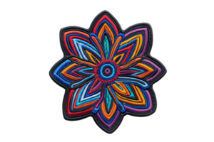 Vibrant, multi-colored abstract geometric flower pattern with intricate design on a black background. png