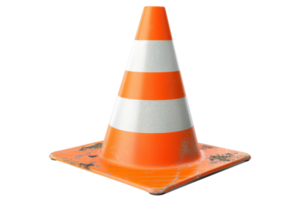 A bright orange traffic cone with white stripes, commonly used for road safety and construction site demarcation. png