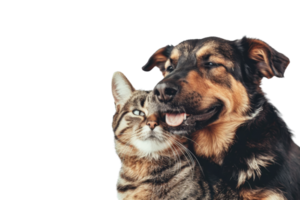 Heartwarming image of a dog and cat cuddling together, showcasing affection and companionship between different pet species in vibrant colors. png