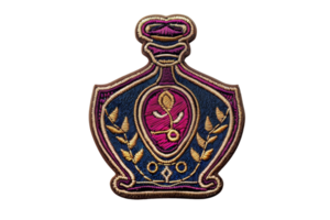 Ornate embroidered patch with gold and red detailing in the shape of a perfume bottle on a transparent background. png