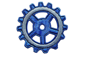 Blue embroidered gear patch on transparent background. Ideal for sewing, crafting, and DIY customization projects. png