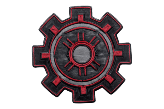 High-resolution image of a stylized red and black gear, perfect for use in technology, engineering, or mechanical design projects. png