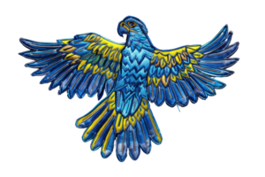 Vibrant blue and yellow parrot illustration, perfect for adding a splash of color to projects. Detailed and artistic bird design. png