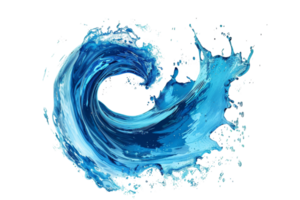 Abstract digital illustration of a blue water splash resembling a wave, over a transparent background. Perfect for design and print projects. png