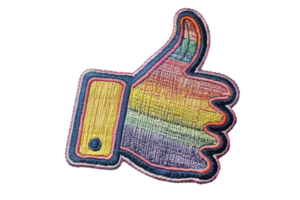 Colorful thumbs-up embroidered patch with rainbow gradient colors isolated on a transparent background. Creative fabric textile design element. png