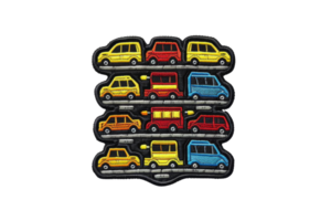 Colorful embroidered patch featuring rows of toy cars in red, yellow, and blue, ideal for garment decoration, crafting, and customization. png
