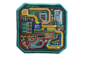Colorful and detailed embroidered circuit board patch with intricate designs, perfect for tech enthusiasts or DIY projects. png