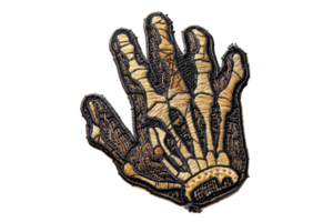Patch of a skeletal hand with intricate embroidery detail on a black background, perfect for apparel and accessory customization. png