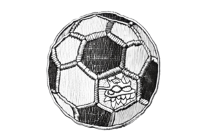 Black and white sketch of a soccer ball showing detailed textures and hexagonal pattern. Ideal for sports, design, and illustration use. png