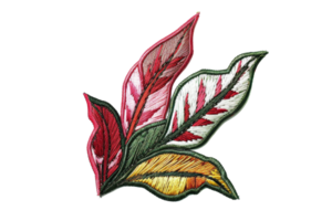 Colorful embroidered leaves with vibrant red, green, and yellow hues. Decorative fabric patch ideal for clothing and craft projects. png