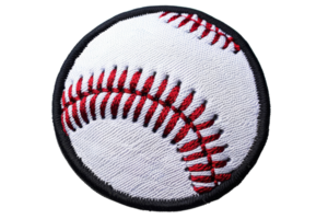 Close-up image of a detailed baseball patch with red stitching and white surface, perfect for sports enthusiasts and design projects. png