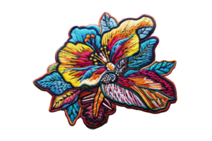 Colorful embroidered flower patch with intricate details and vibrant hues, perfect for fashion, DIY projects, and textile embellishments. png