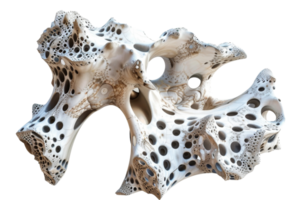 Intricate abstract sculpture with holes and curves, resembling a complex organic structure or coral, isolated on a transparent background. png