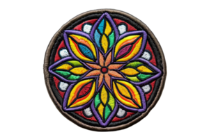 Colorful embroidered circular pattern with floral and geometric shapes, creating a vibrant and intricate design perfect for textiles and crafts. png