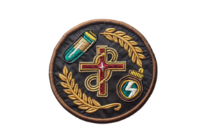 Embroidered black circular patch with golden medical symbols featuring a cross, a pill, and an electric bolt, surrounded by laurel leaves. png