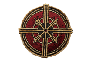 Intricately designed embroidered patch with a detailed compass rose pattern on a red background, perfect for customization and embellishments. png