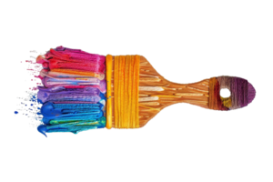 Creative paintbrush with vibrant colored threads in rainbow hues. Unique take on a traditional art tool, showcasing colorful imagination. png