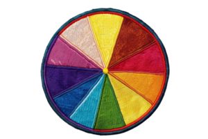 Colorful circular quilt with various sections in different vibrant colors arranged in a wheel-like pattern on a transparent background. png