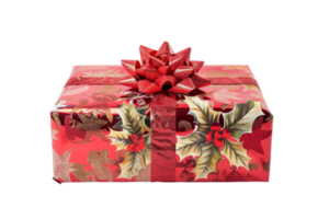 Beautifully wrapped Christmas gift with a festive red bow and holly-patterned paper, perfect for the holiday season. png