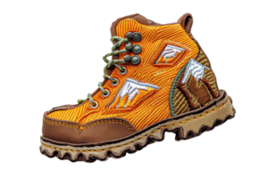 Close-up image of an orange hiking boot with rugged design and intricate stitching, featuring laces and detailed accents for outdoor adventures. png