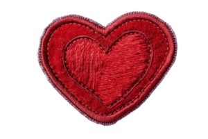 Close-up of a red embroidered heart patch on a transparent background, perfect for Valentine's Day, crafts, and clothing decoration. png