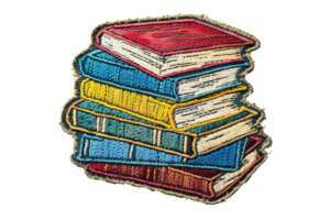 A colorful embroidered patch of a stack of books, great for educational themes, crafts, and DIY projects. png